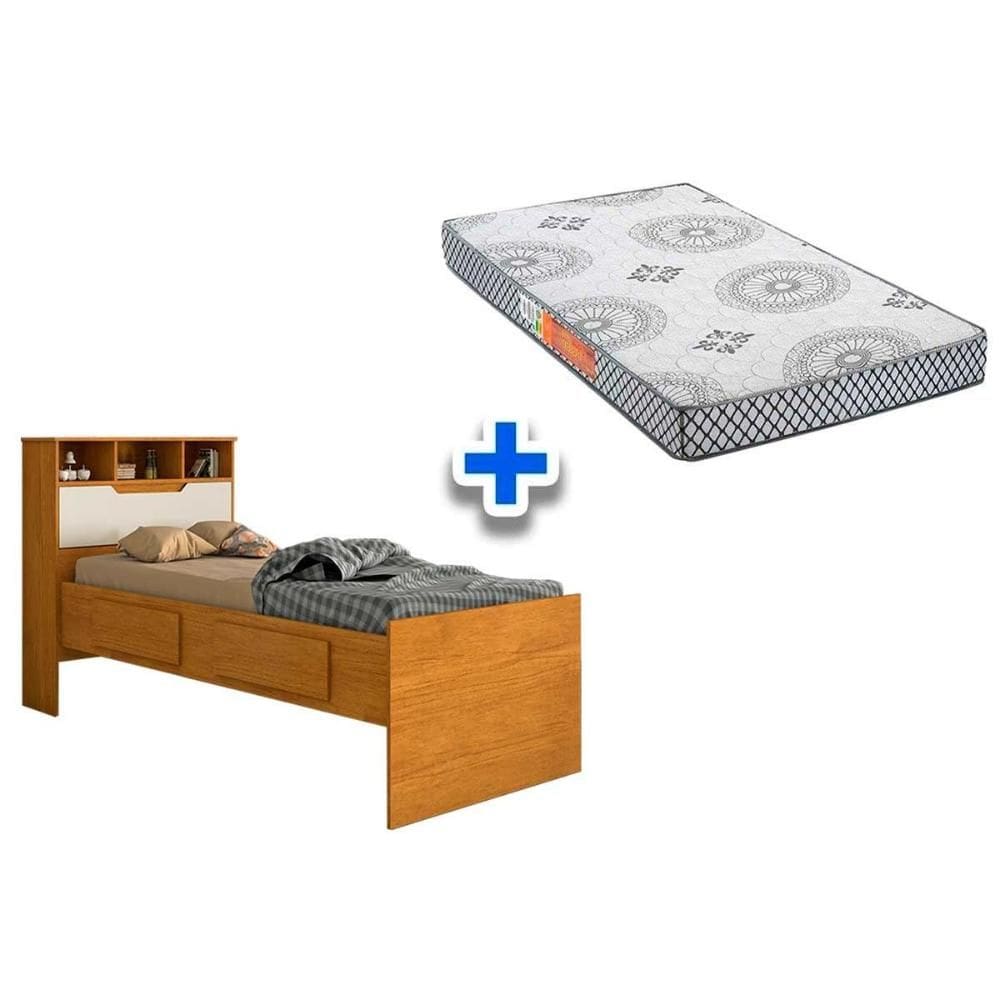 Colchão Solteiro Pérola Polar + Cama Ravena Cinamomo/Off White