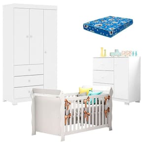 Quarto de Bebê Duda 3 Portas e Berço Americano Lara Branco Brilho com Colchão Ortobom – Phoenix Baby