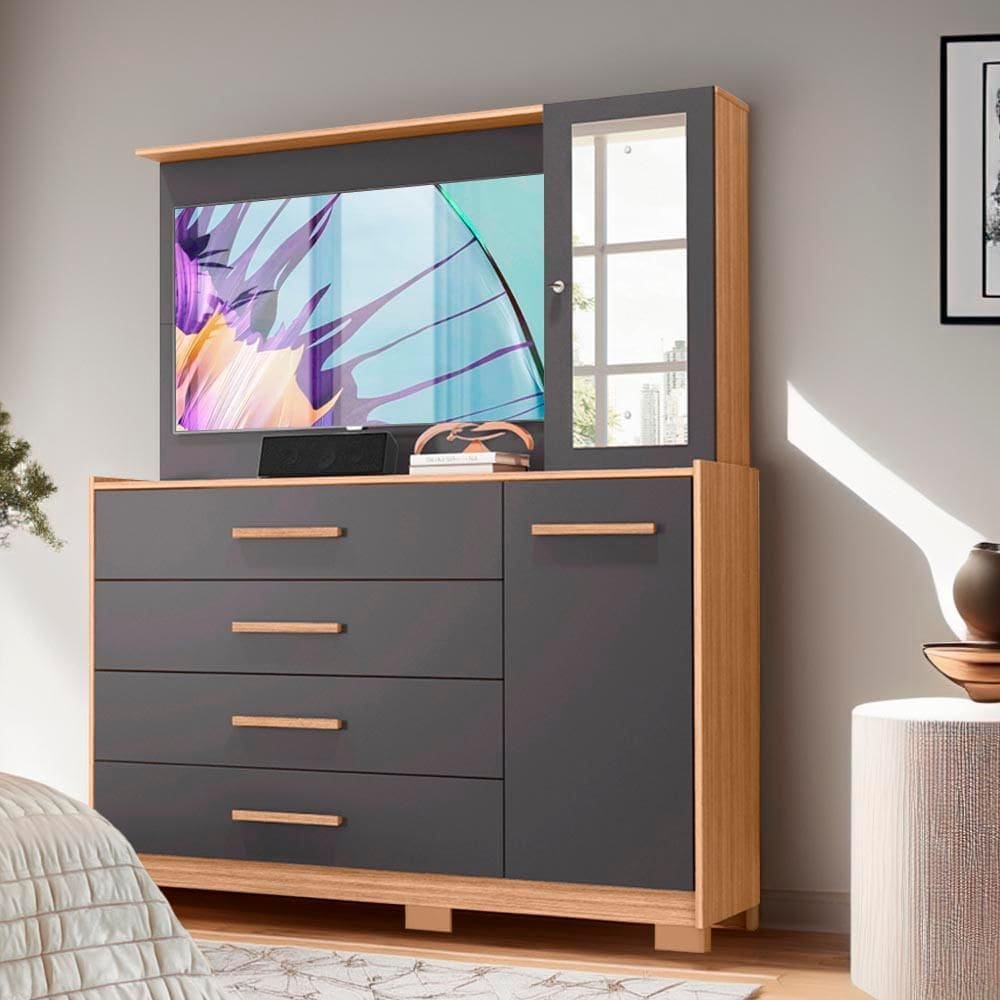 Cômoda Com Painel Para TV Até 43 Polegadas 4 Gavetas Nature Titanium Inlet Shop JM - Marrom