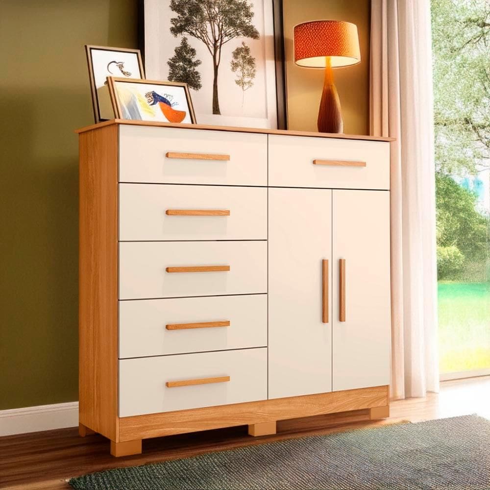 Cômoda 6 Gavetas 2 Portas Carvalho Grife Off White Xiang Shop JM - Marrom