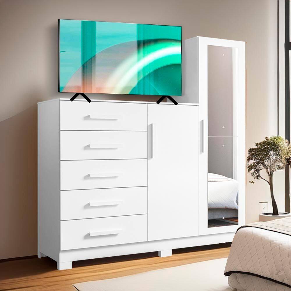 Cômoda Para TV Até 50 Polegadas 5 Gavetas Espelho Branco Nexus Shop JM - Branco