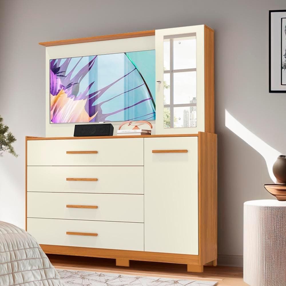Cômoda Com Painel Para TV Até 43 Polegadas 4 Gavetas Carvalho Grife Off White Inlet Shop JM - Marrom