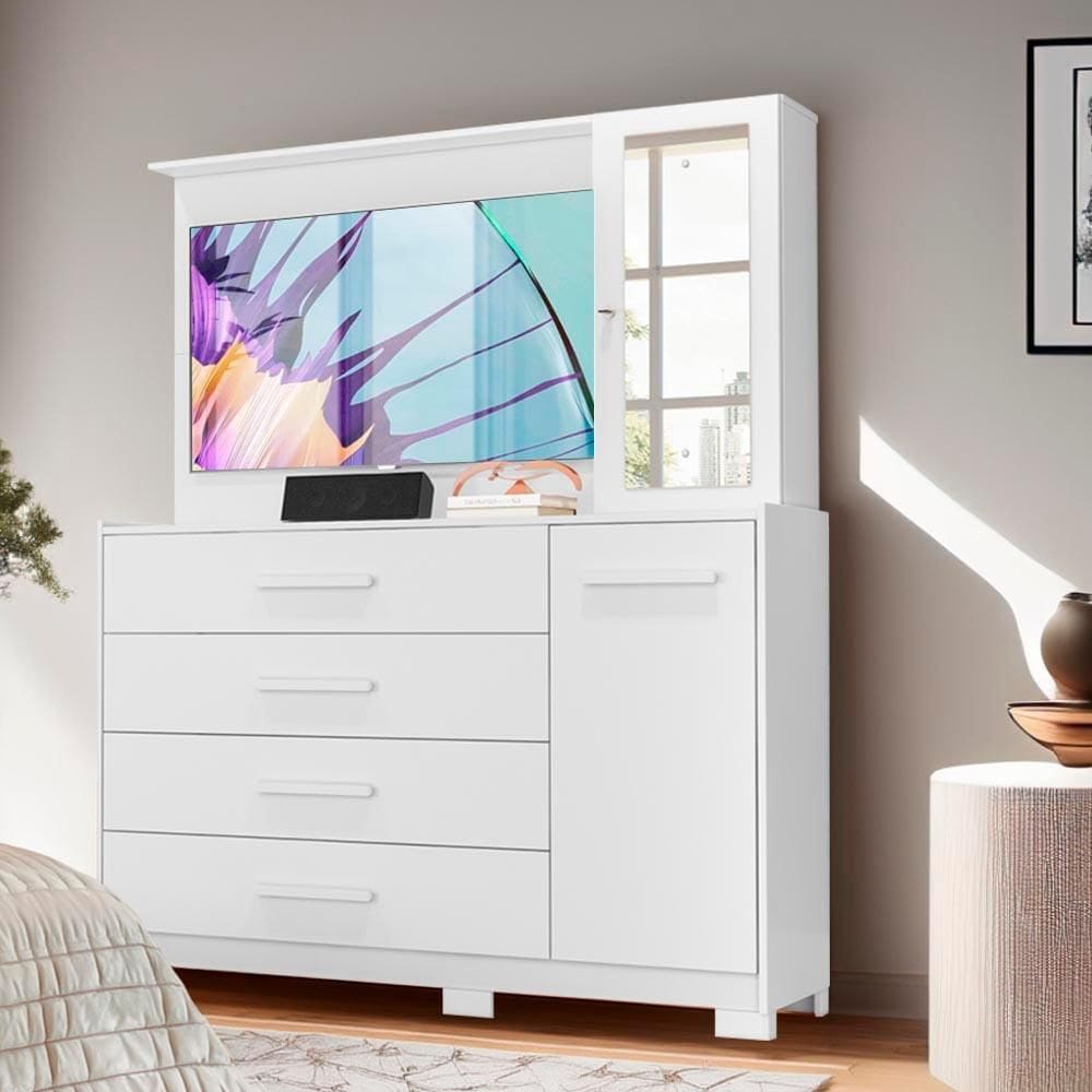 Cômoda Com Painel Para TV Até 43 Polegadas 4 Gavetas Branco Inlet Shop JM - Branco