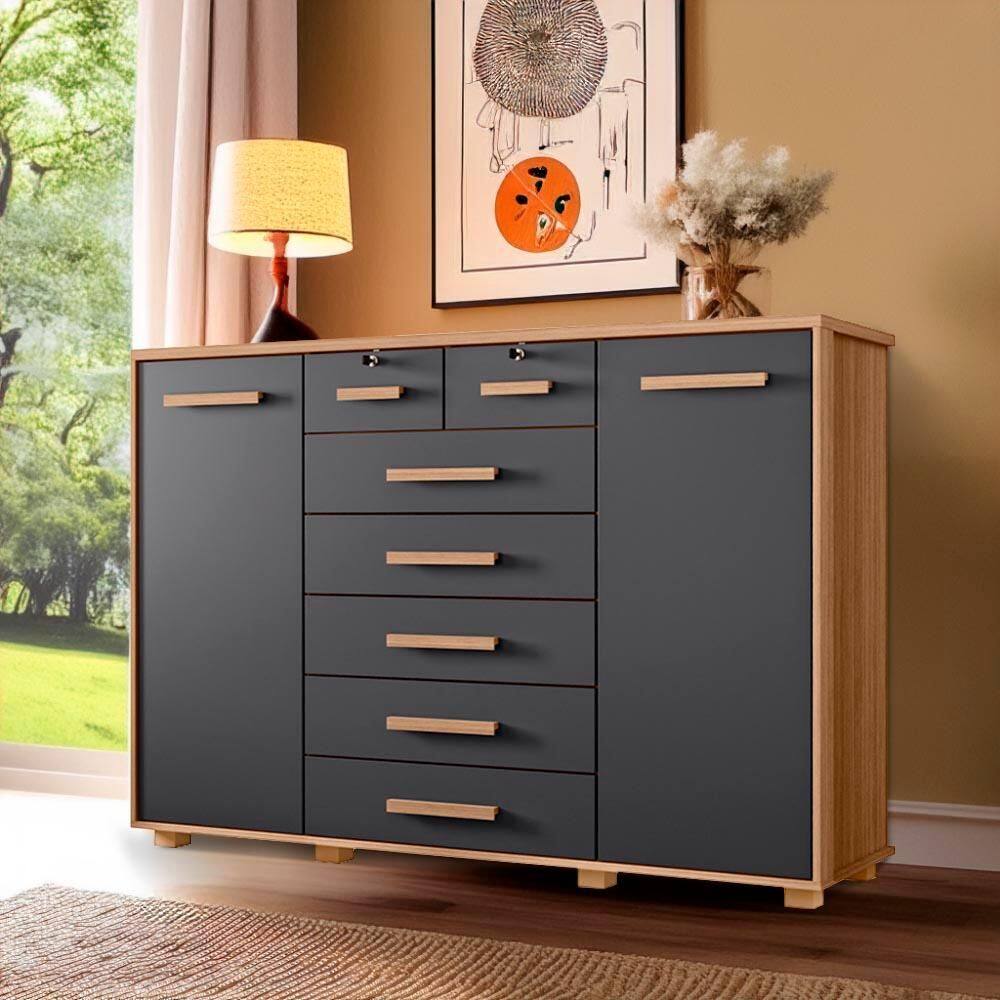 Cômoda Grande 7 Gavetas 2 Portas Nature Titanium Fontez Shop JM - Marrom