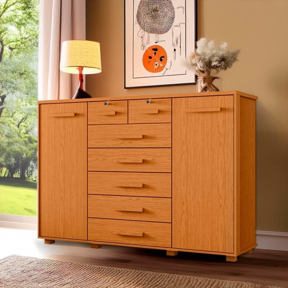 Cômoda Grande 7 Gavetas 2 Portas Cinamomo Fontez Shop JM - Marrom