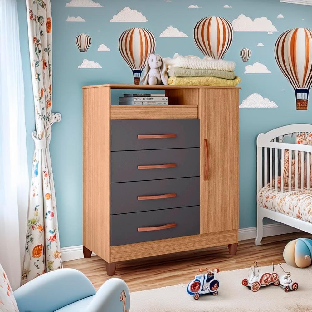 Cômoda Infantil 4 Gavetas 1 Porta Nature Titanium Triton Shop JM - Marrom