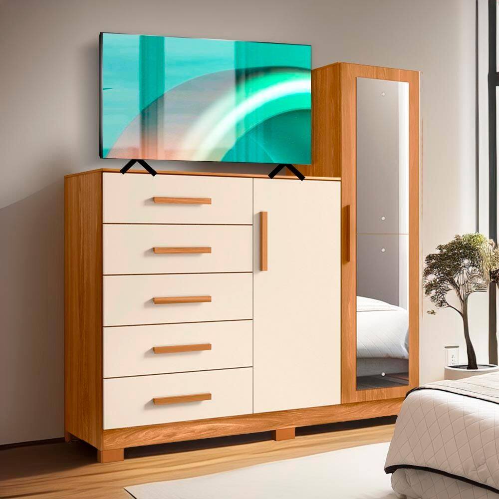 Cômoda Para TV Até 50 Polegadas 5 Gavetas Espelho Carvalho Grife Off White Nexus Shop JM - Marrom