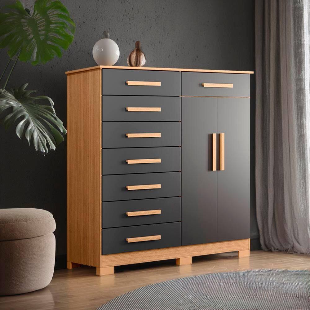 Cômoda 8 Gavetas 2 Portas Com Cabideiro Nature Titanium Vino Shop JM - Marrom