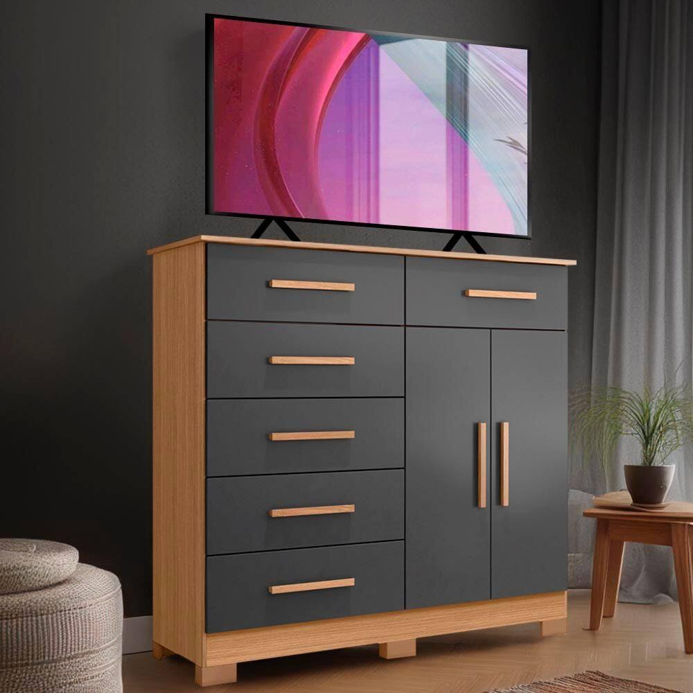 Cômoda Para TV Até 50 Polegadas 6 Gavetas Nature Titanium Xing Shop JM - Marrom