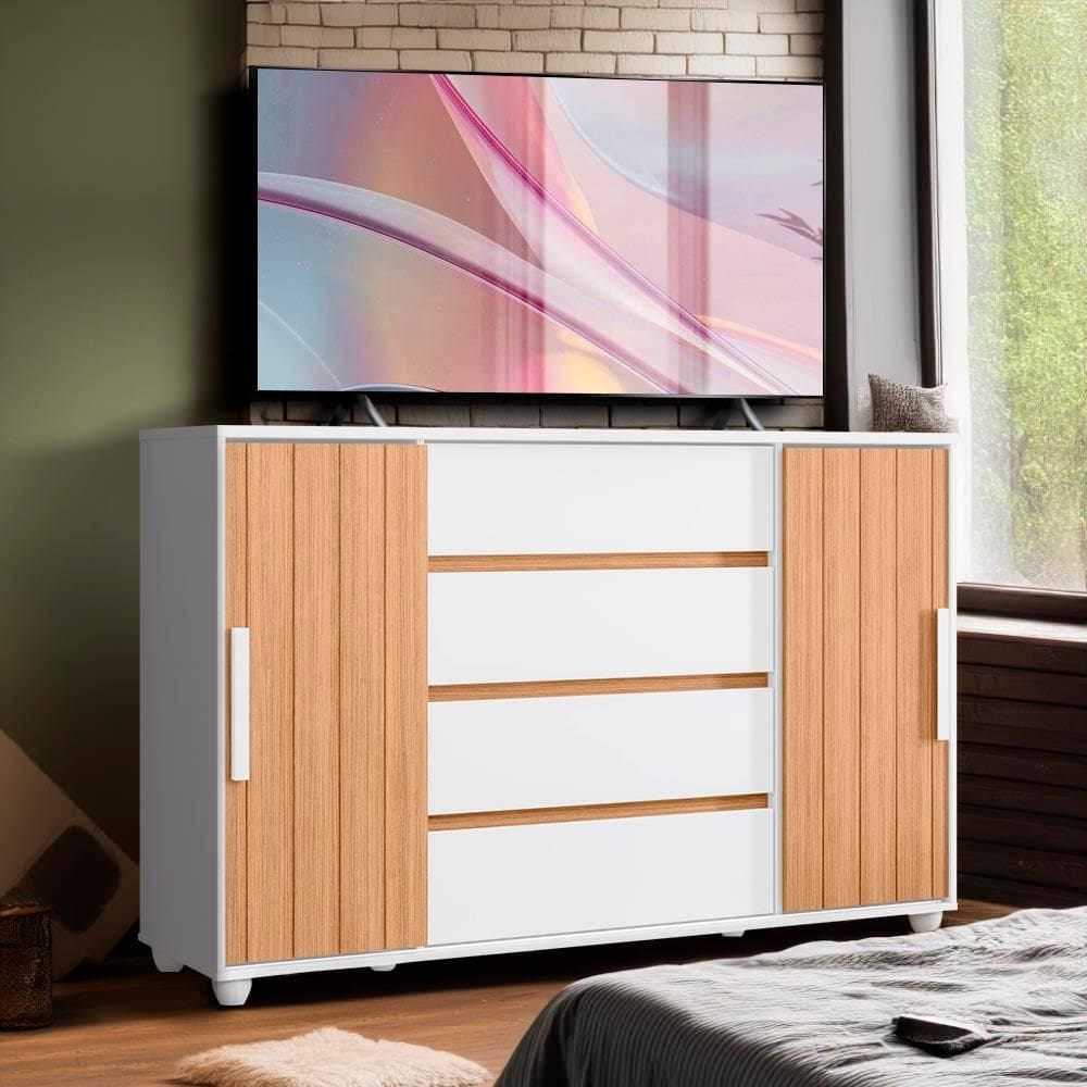 Cômoda Para TV Até 65 Polegadas 4 Gavetas Branco Nature Flex Evident Shop JM - Branco