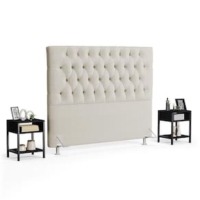 Cabeceira Casal 140cm Cristal Bouclê Bege E 2 Mesas Laterais Plaza Lc1 Preto