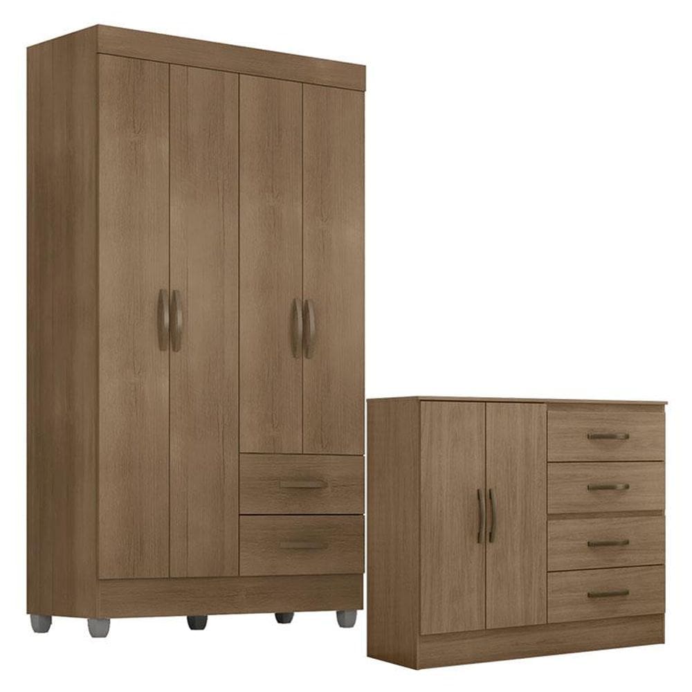 Guarda Roupa Solteiro 4 Portas e Cômoda 4 Gavetas e 2 Portas Lite Carvalho Oak – Móveis Leão