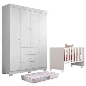 Berço Nacional Doce Sonho 3540 e Guarda Roupa Duda 4 Portas Branco Brilho com Colchão Gazin – Phoenix Baby