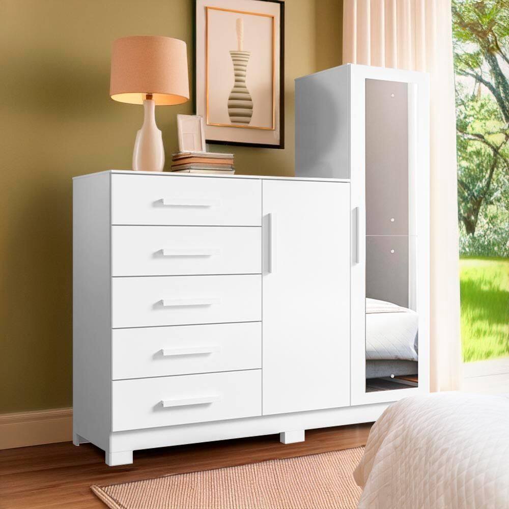 Cômoda Com Espelho 5 Gavetas 2 Portas Branco Neo Shop JM - Branco