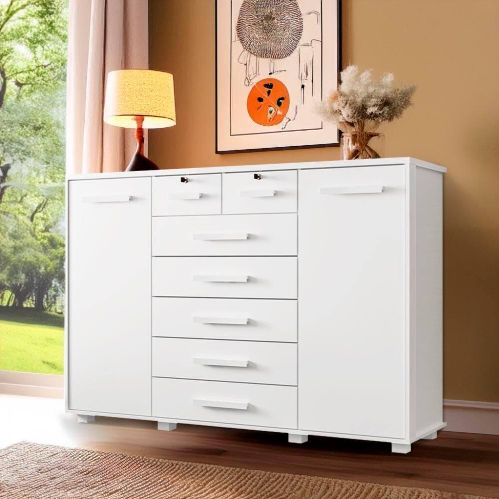 Cômoda Grande 7 Gavetas 2 Portas Branco Fontez Shop JM - Branco