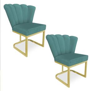 Kit 02 Poltronas Flor Veludo Base Metálica Industrial Dourado - Pallazio Cor Azul Turquesa