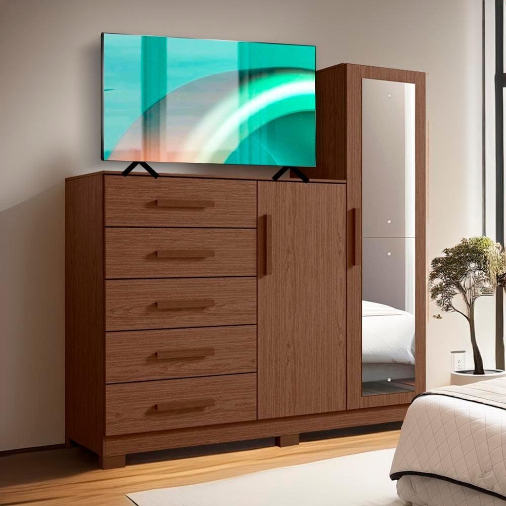Cômoda Para TV Até 50 Polegadas 5 Gavetas Espelho Cacau Nexus Shop JM - Marrom