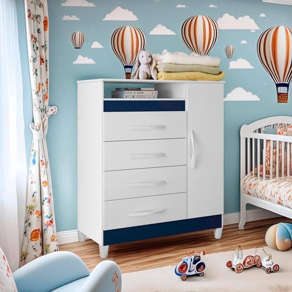 Cômoda De Bebê 5 Gavetas 1 Porta Branco Rosa Azul Quadriflex Trix Shop JM - Branco