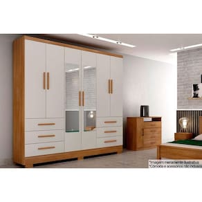 Guarda Roupa Solteiro 6 Portas e 6 Gavetas c/Espelho e Pés Encant Freijo Cumaru c/ Fendi - Novo Horizonte
