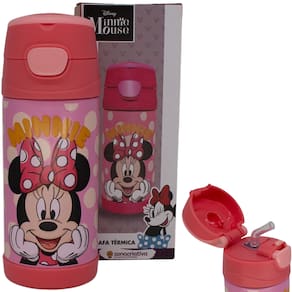Garrafa Minnie Mouse Térmica Quente Gelada Infantil Com Canudo De Silicone Rosa 350ML Oficial Disney