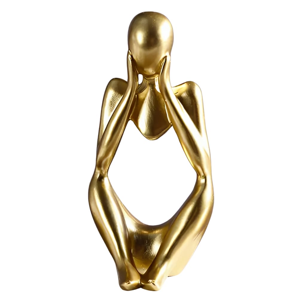 Estátua Pensador mãos rosto Enfeite Estante Sala Resina dourado