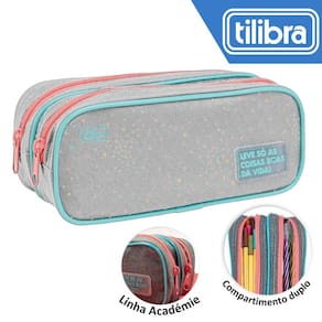 Estojo Duplo Tilibra Académie Dots Cinza 21x9x9cm