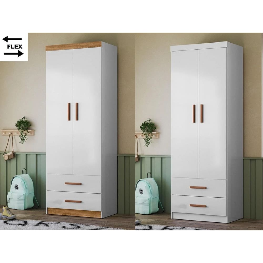 Roupeiro Ônix 2 Portas 3 Gavetas e Cabideiro Flex Nature Branco - Peternella