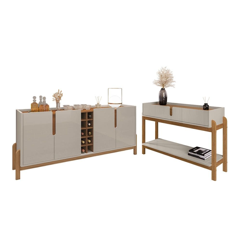 Conjunto Aparador e Buffet 190cm Lizz 04 Portas 02 Gavetas Off White Cedro Casa D