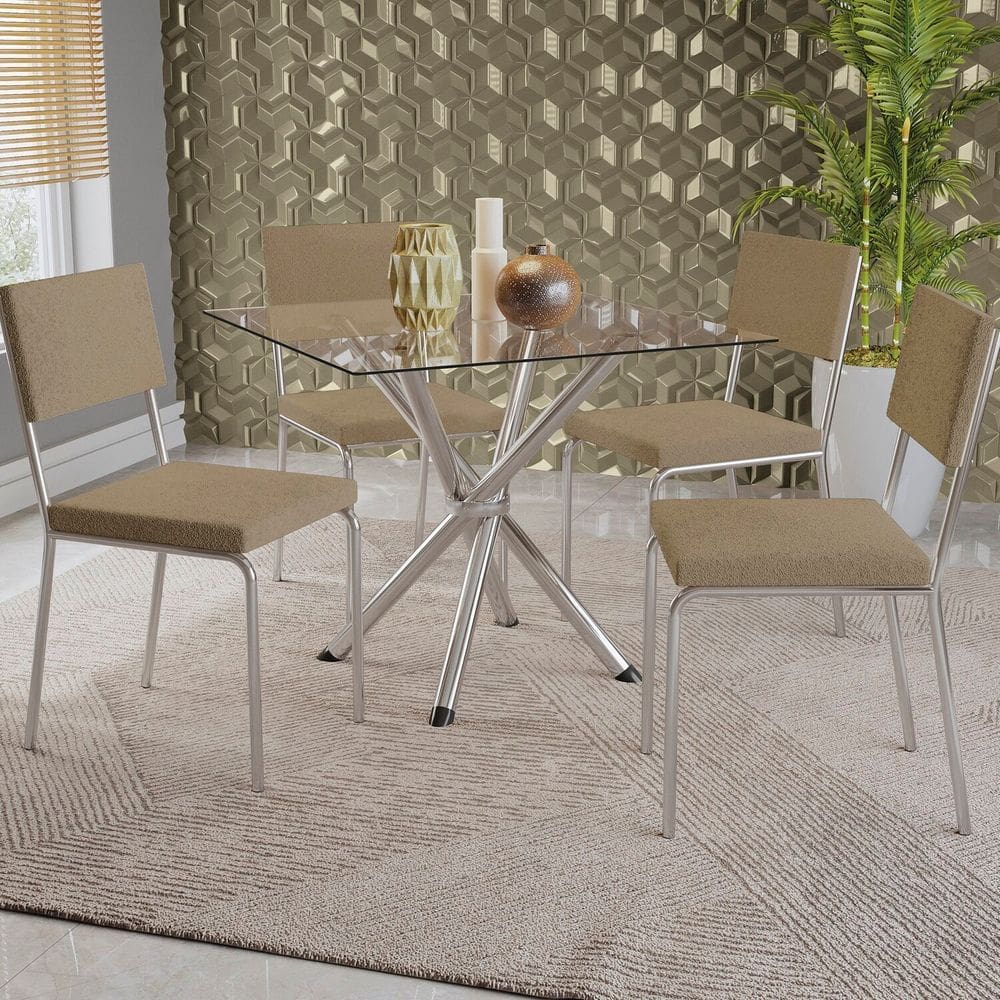 Conjunto Mesa Volga Tampo de Vidro e 4 Cadeiras Zaria Cromado/Bege