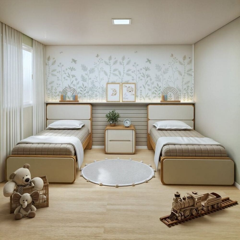 Quarto Infantil com 2 Camas Solteiro Loop Tecido Sintético e Mesa de Cabeceira 2 Gavetas Loop Amêndoa Clean/Off White