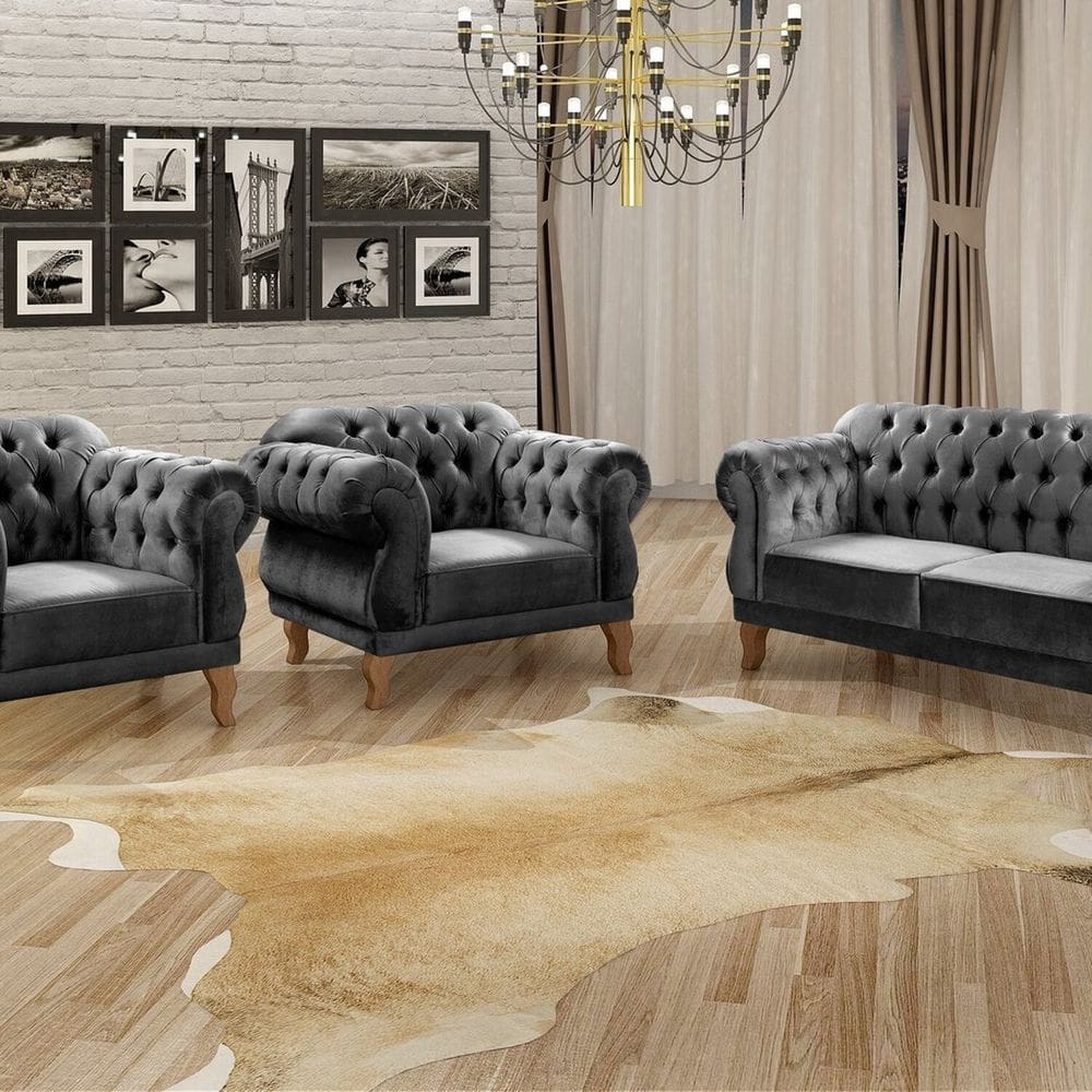 Conjunto Sofá Duquesa Chesterfield 2 Lugares e 2 Poltronas Cinza grafite