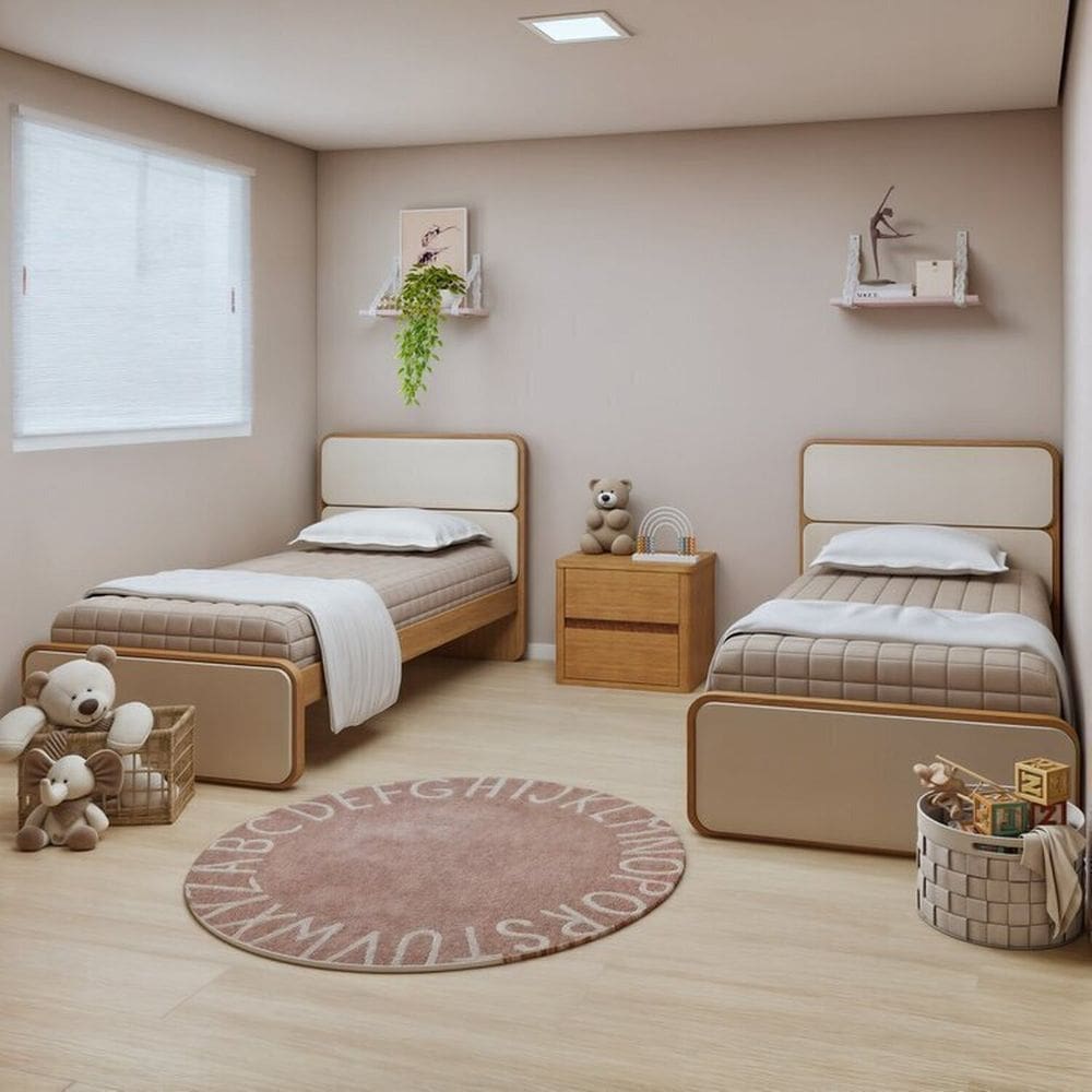 Quarto Infantil com 2 Camas Solteiro Loop e 1 Mesa de Cabeceira Leder Amendoa
