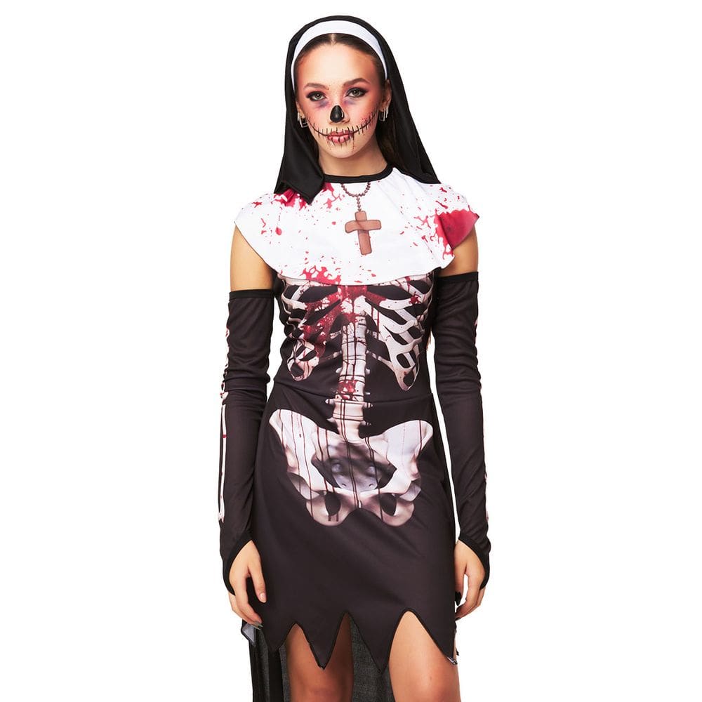 Fantasia Halloween Freira Noviça do Mal Vestido Véu e Luvas