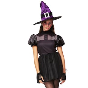 Fantasia Halloween Bruxa Vestido Feminino Curto Manga Bufant
