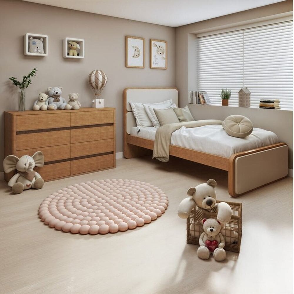 Quarto Infantil com Cama Solteiro Loop Tecido Sintético e Cômoda 8 Gavetas 150x95cm Leder Amêndoa Clean