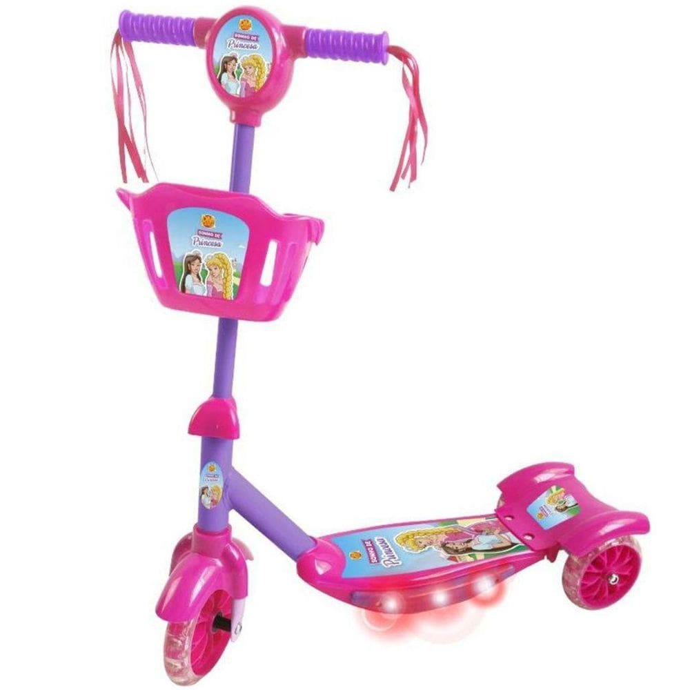 Patinete Infantil 3 Rodas Com Cesta E Luzes Princesa 35Kg