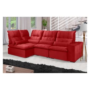 Sofá Retrátil Reclinável ELLOA DE CANTO COM CHAISE 3.45 x 1.80m ESTILO ESTOFADOS - França Velusoft COR "VERMELHO"
