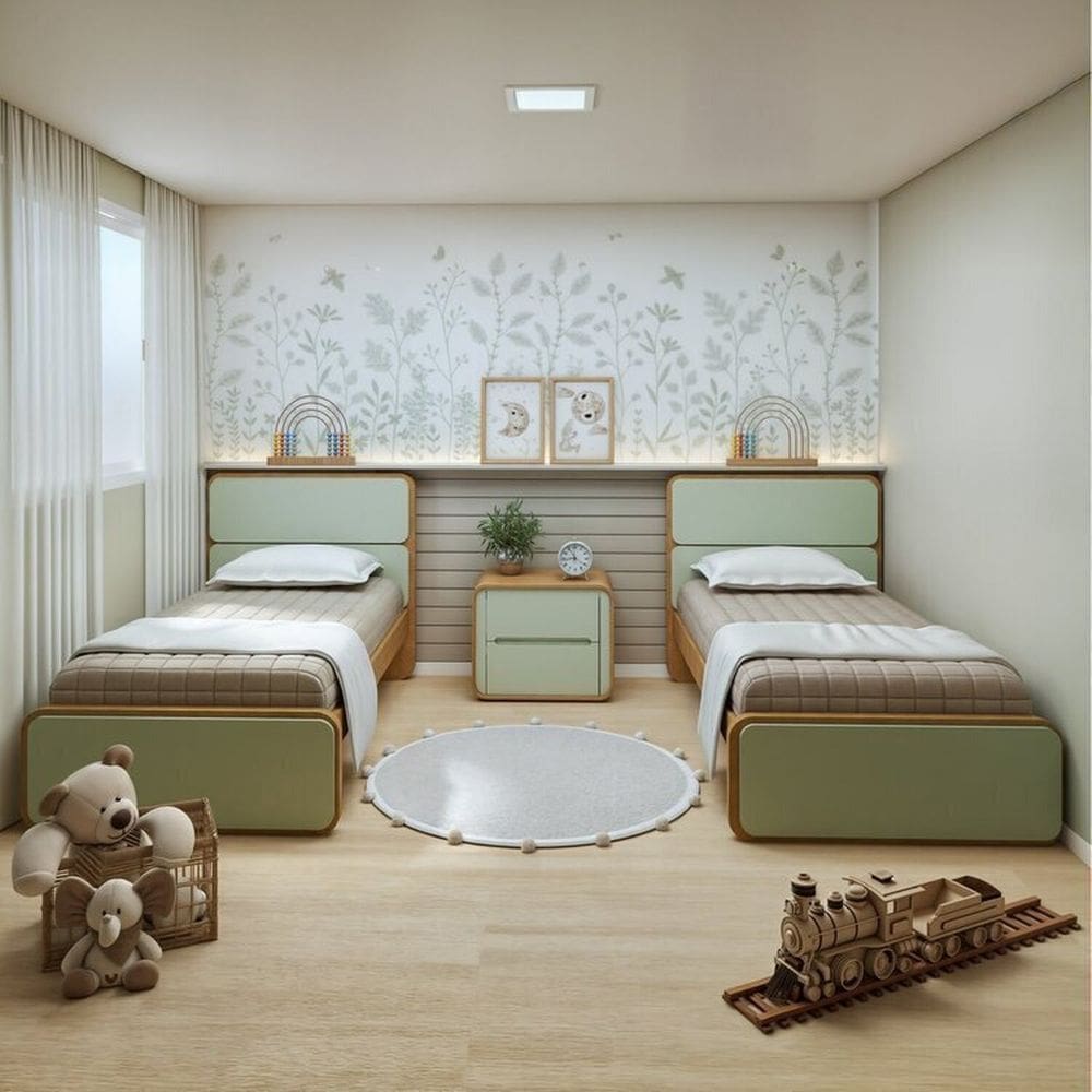 Quarto Infantil com 2 Camas Solteiro Loop Tecido Boucle e Mesa de Cabeceira 2 Gavetas Loop Amendoa Clean/Salvia