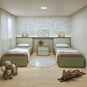 Quarto Infantil com 2 Camas Solteiro Loop Tecido Boucle e Mesa de Cabeceira 2 Gavetas Loop Amendoa Clean/Salvia
