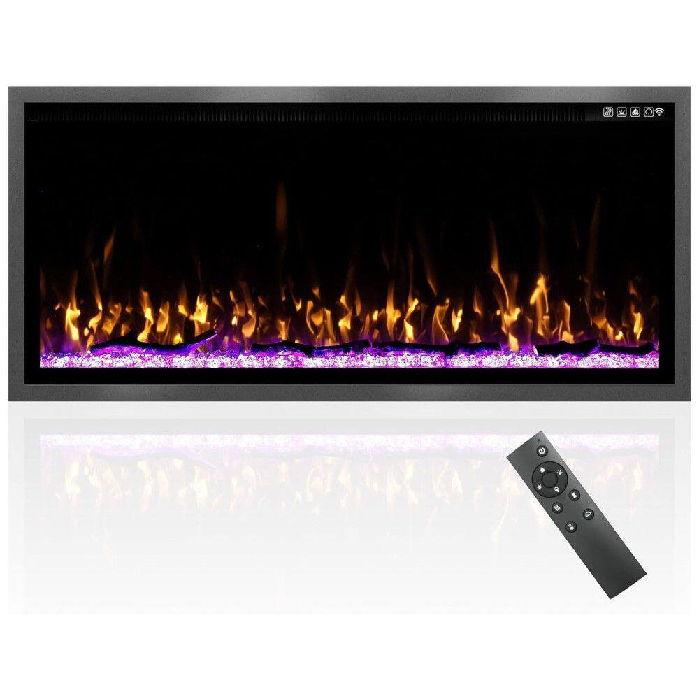 Lareira Elétrica de Embutir A49x106L cm com Temporizador, Controle Remoto, Termostato, Lenha e Cristal Incluídos, 110V 1500W, Kucreiheat, Preta