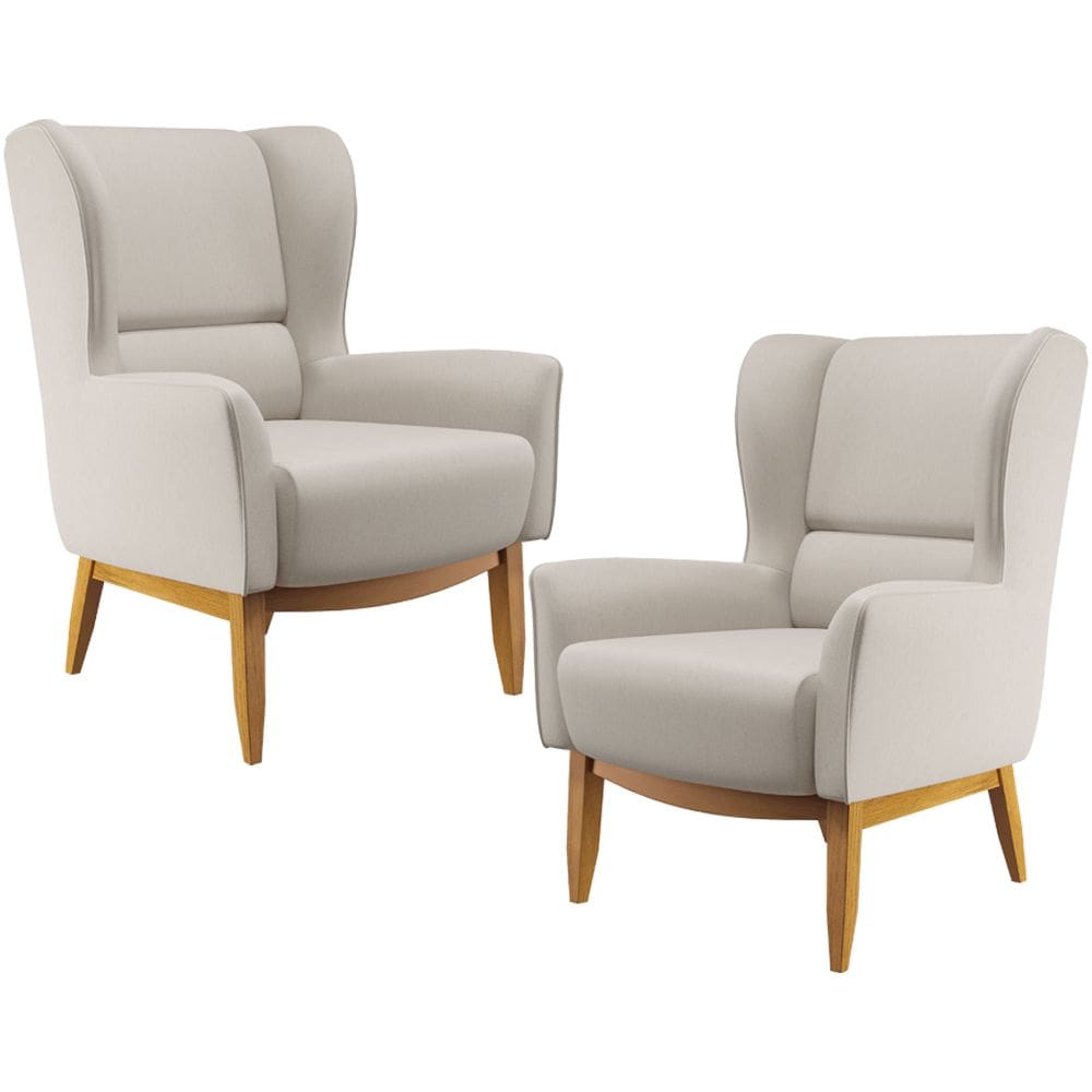 Kit 02 Poltronas Decorativa Fixa Base de Madeira Milena D02 Linho Cru B-443 - Lyam Decor