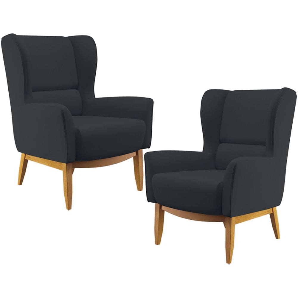 Kit 02 Poltronas Decorativa Fixa Base de Madeira Milena D02 Linho Chumbo C-465 - Lyam Decor