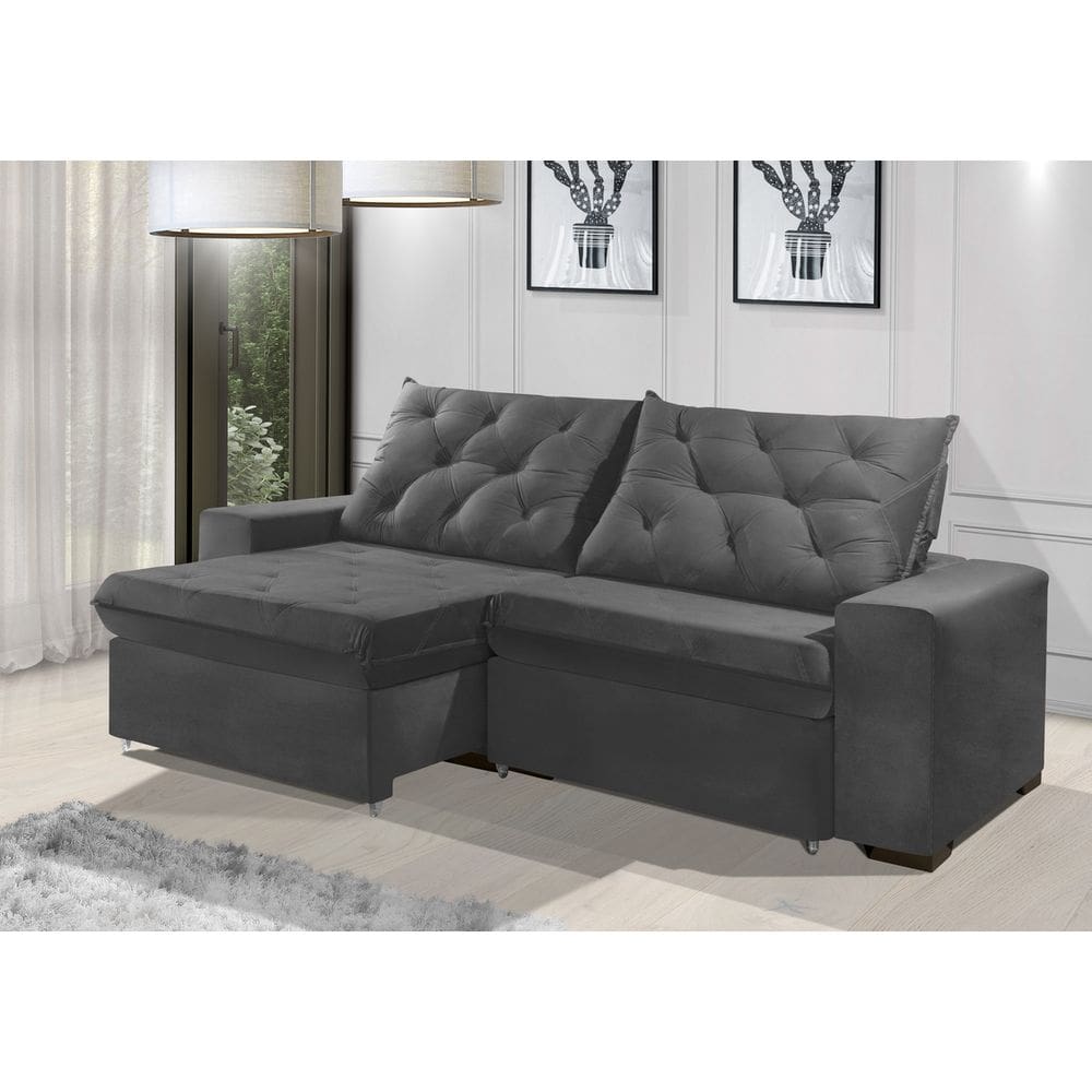 Sofá Retrátil e Reclinável 2.10m ESTILO ESTOFADOS - EUROPA com SoftGel D33 Velupluma "Cinza"