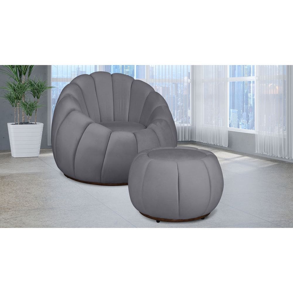 Kit Poltrona Decorativa C/ Puff Concha Veludo Cinza - Londrilar