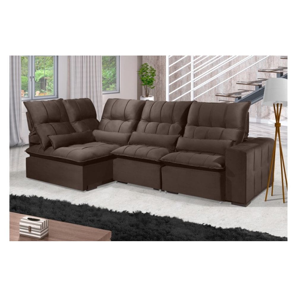 Sofá Retrátil Reclinável ELLOA DE CANTO COM CHAISE 3.85 x 1.80m ESTILO ESTOFADOS - França Velusoft COR "MARROM"