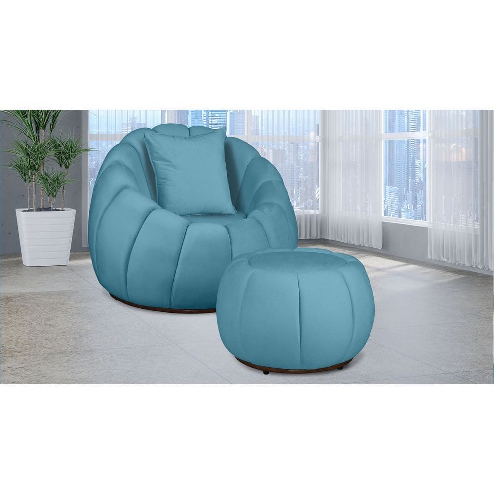Kit Poltrona Decorativa C/ Puff + Almofada Concha Veludo Azul Turquesa - Londrilar
