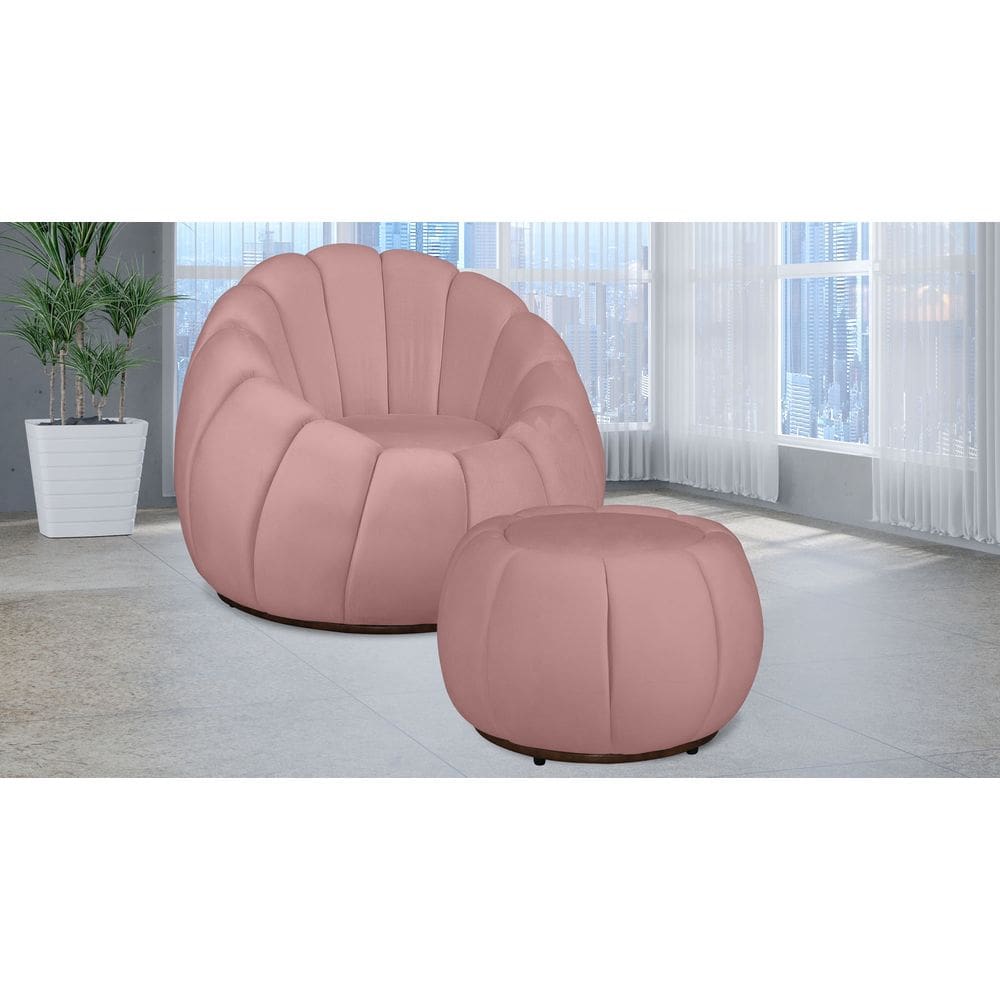 Kit Poltrona Decorativa C/ Puff Concha Veludo Rosa - Londrilar