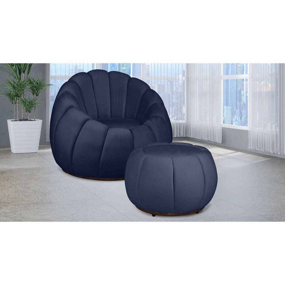Kit Poltrona Decorativa C/ Puff Concha Veludo Azul Marinho - Londrilar