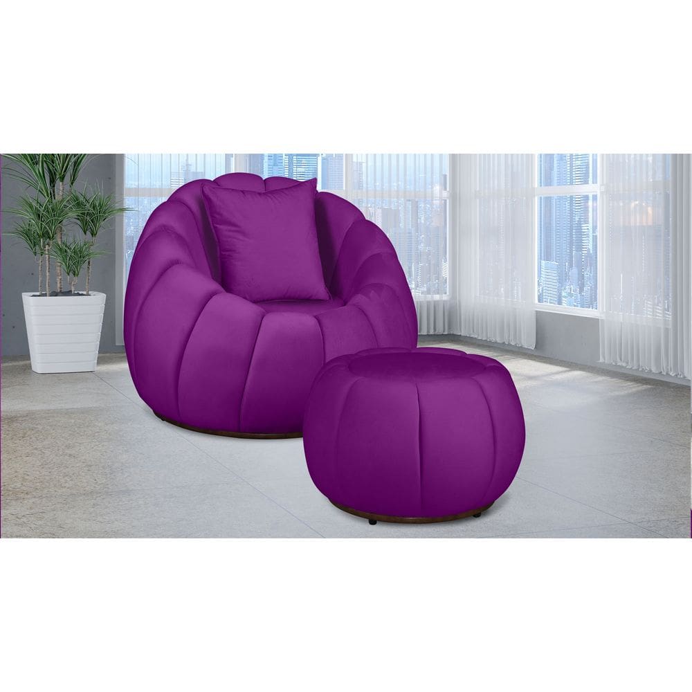 Kit Poltrona Decorativa C/ Puff + Almofada Concha Veludo Roxo - Londrilar