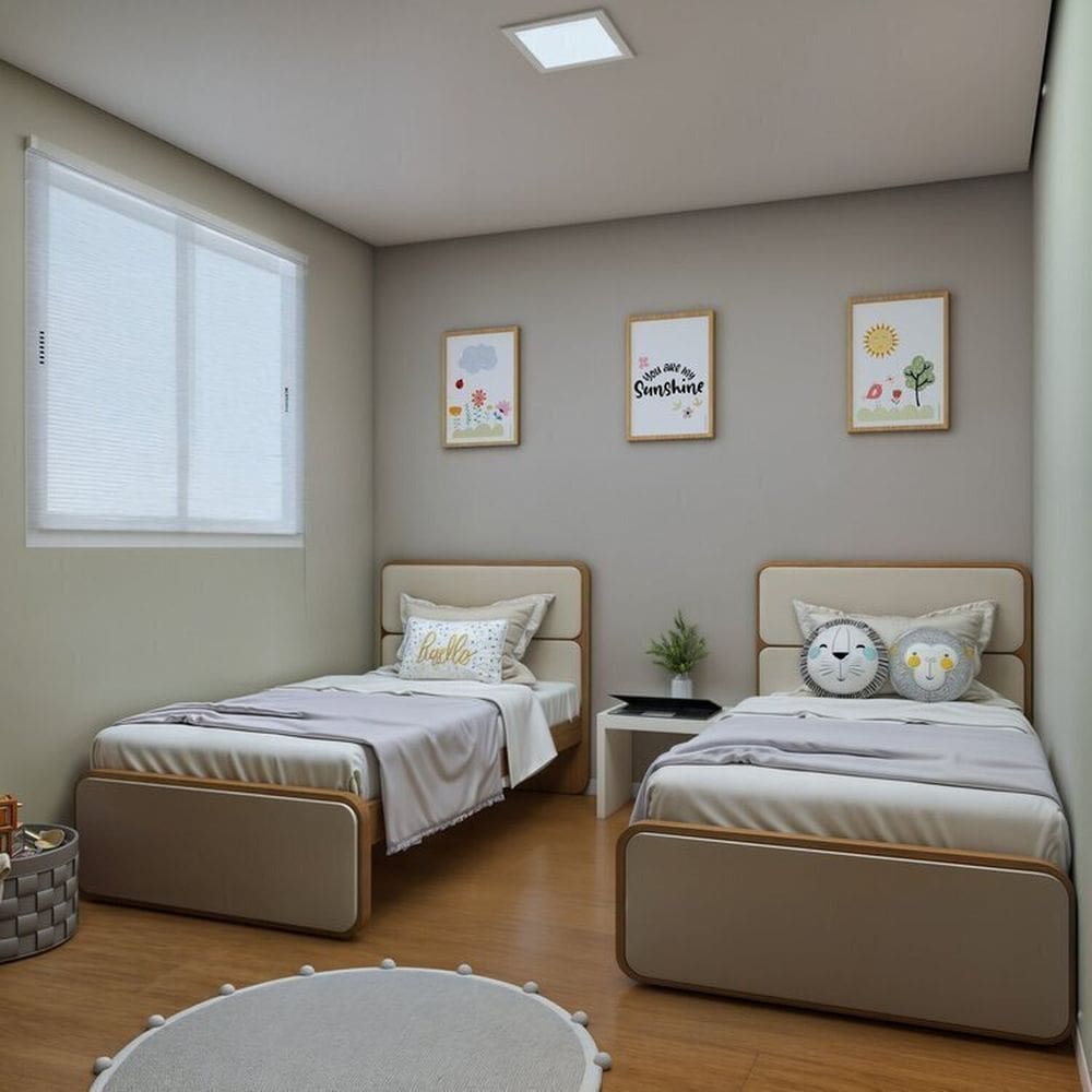 Quarto Infantil com 2 Camas Solteiro Loop Tecido Sintético Amêndoa Clean/Off White